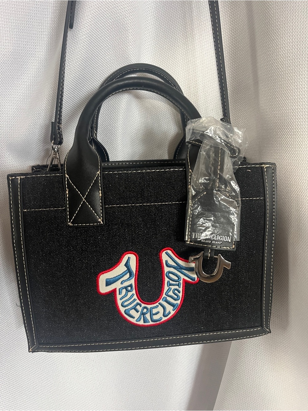 True Religion Black Denim Satchel with Red & Blue Patch